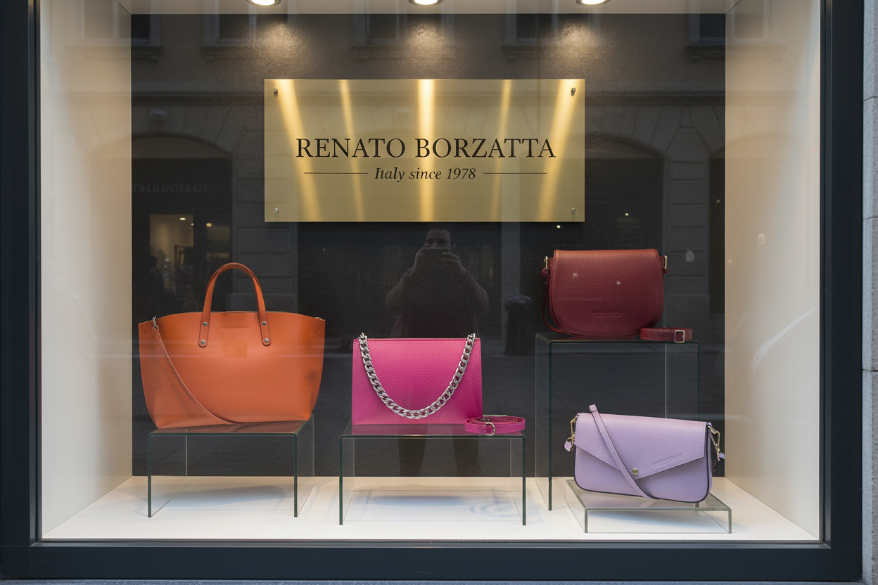 RENATO BORZATTA etalage met gouden logo bord